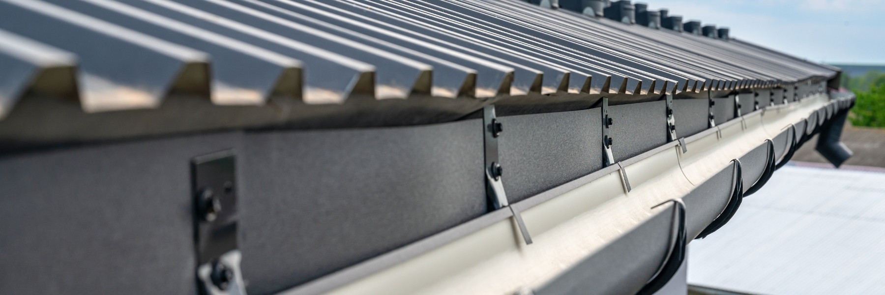 Dark metal roof panels above a gutter